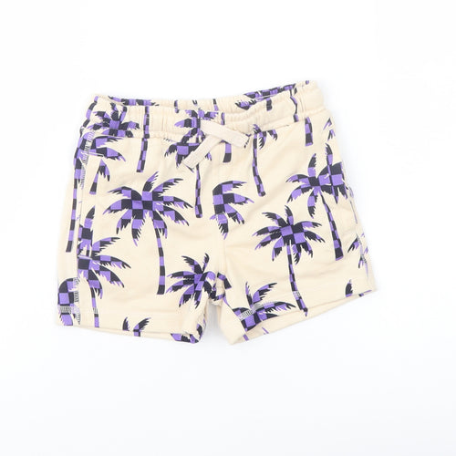 Marks and Spencer Boys Beige Geometric Cotton Sweat Shorts Size 2-3 Years Regular Drawstring - Palm Trees