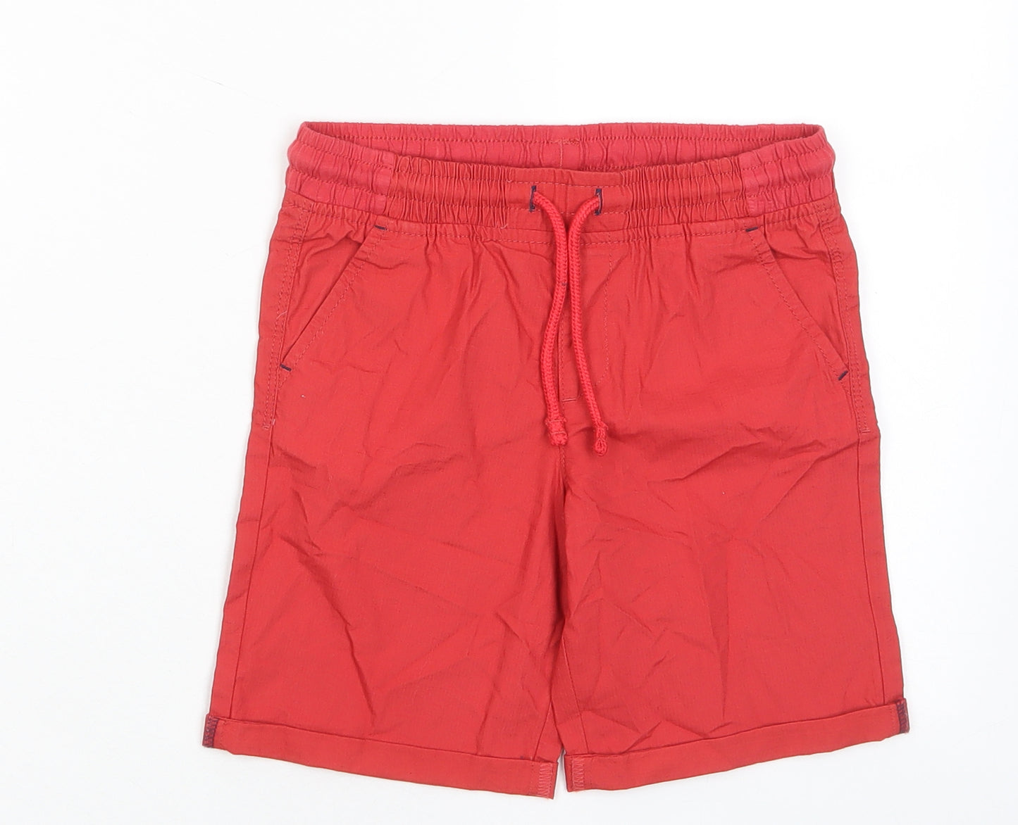 Marks and Spencer Boys Red Cotton Bermuda Shorts Size 6-7 Years Regular Drawstring - Pockets