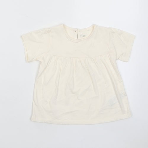 Marks and Spencer Girls Beige Cotton Basic T-Shirt Size 2-3 Years Crew Neck Button - Pleated
