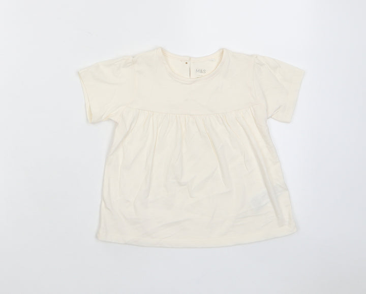 Marks and Spencer Girls Beige Cotton Basic T-Shirt Size 2-3 Years Crew Neck Button - Pleated
