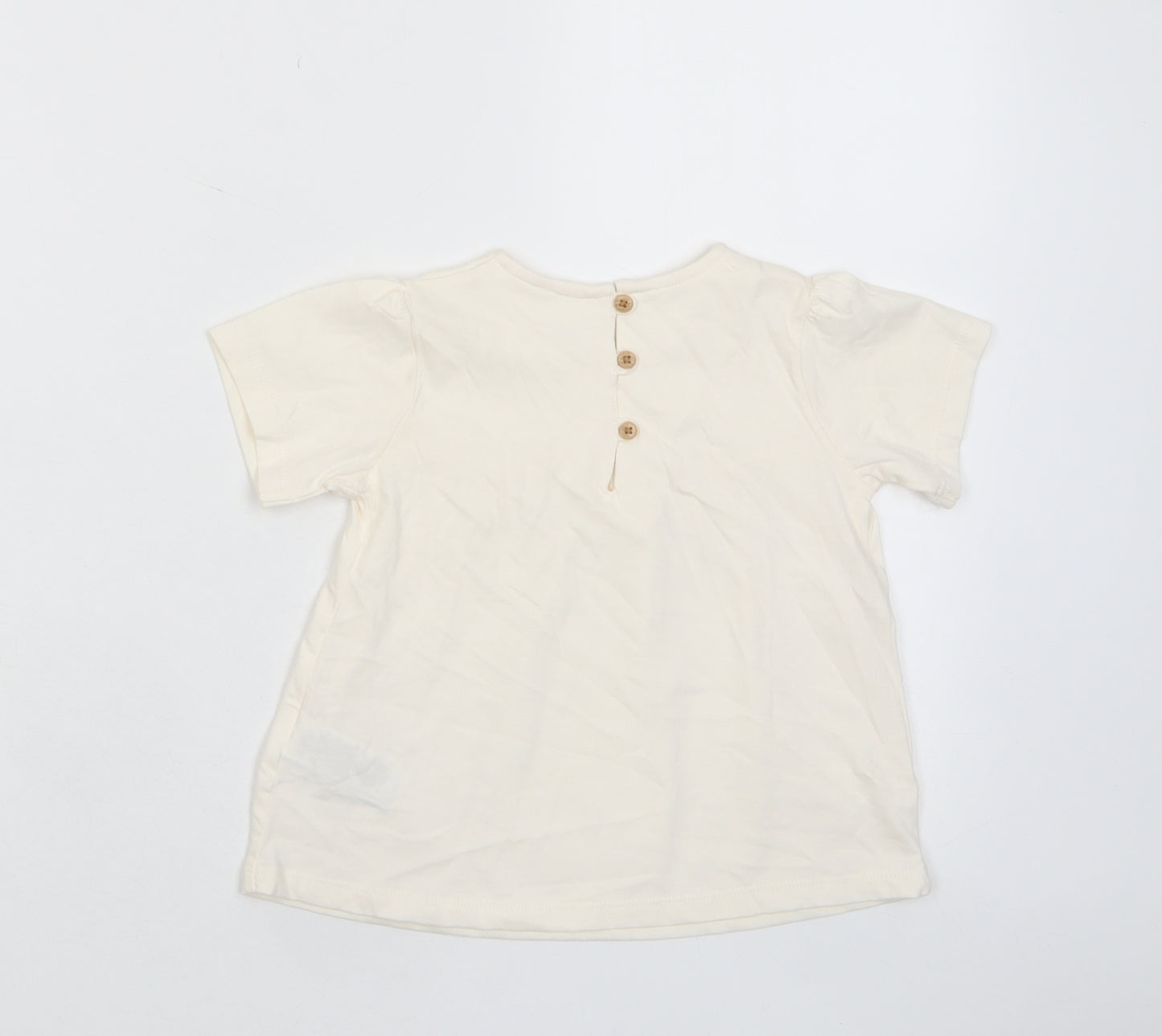 Marks and Spencer Girls Beige Cotton Basic T-Shirt Size 2-3 Years Crew Neck Button - Pleated
