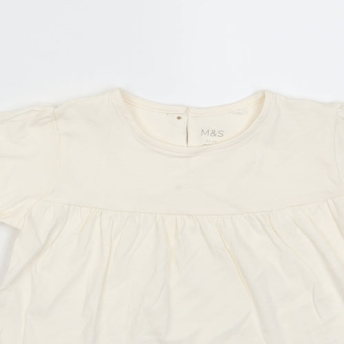 Marks and Spencer Girls Beige Cotton Basic T-Shirt Size 2-3 Years Crew Neck Button - Pleated