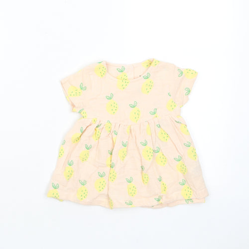 Marks and Spencer Girls Pink Geometric Cotton A-Line Size 0-3 Months Crew Neck Button - Lemon Print