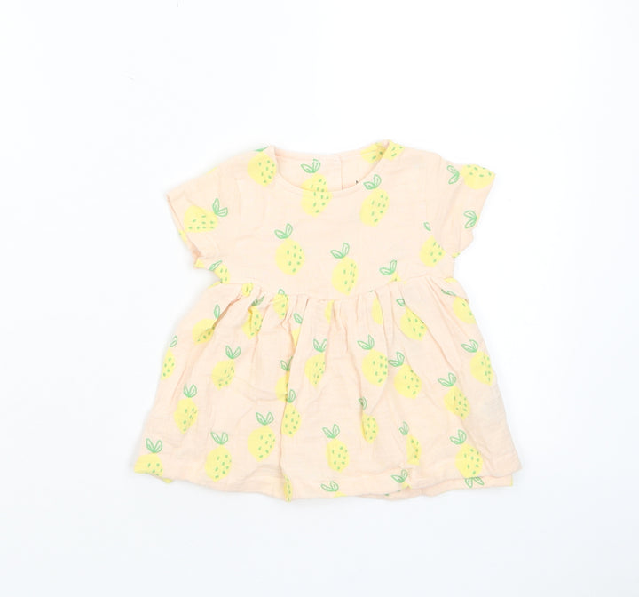 Marks and Spencer Girls Pink Geometric Cotton A-Line Size 0-3 Months Crew Neck Button - Lemon Print