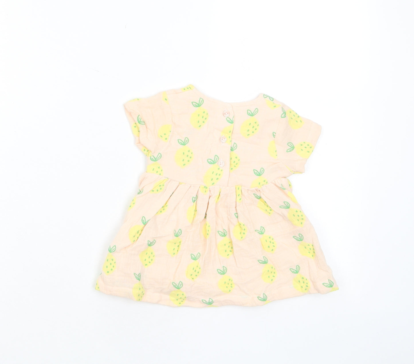 Marks and Spencer Girls Pink Geometric Cotton A-Line Size 0-3 Months Crew Neck Button - Lemon Print