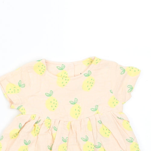 Marks and Spencer Girls Pink Geometric Cotton A-Line Size 0-3 Months Crew Neck Button - Lemon Print