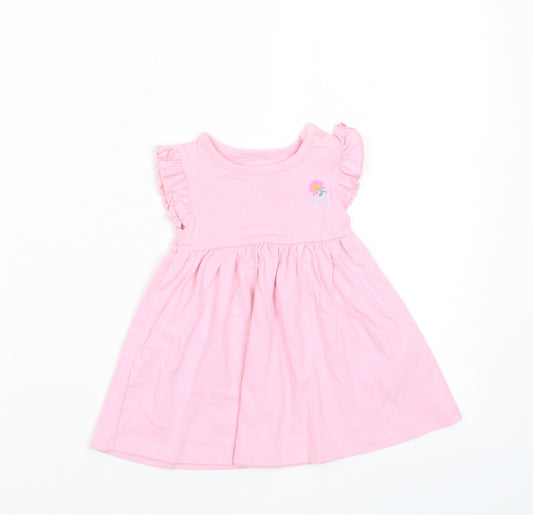 Front view of Marks & Spencer girls’ pink cotton a-line, size 3-6, months crew neck snap - happy