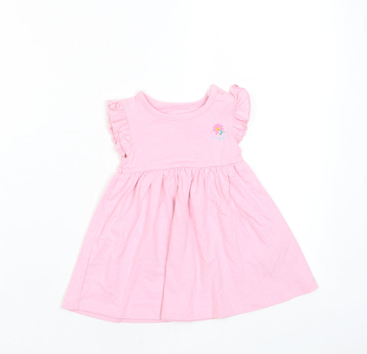Marks and Spencer Girls Pink Cotton A-Line Size 3-6 Months Crew Neck Snap - Happy