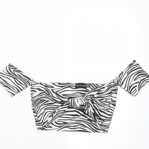 PRETTYLITTLETHING Womens White Animal Print Polyester Cropped T-Shirt Size 10 Off the Shoulder - Twist Front