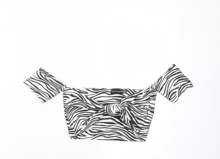PRETTYLITTLETHING Womens White Animal Print Polyester Cropped T-Shirt Size 10 Off the Shoulder - Twist Front
