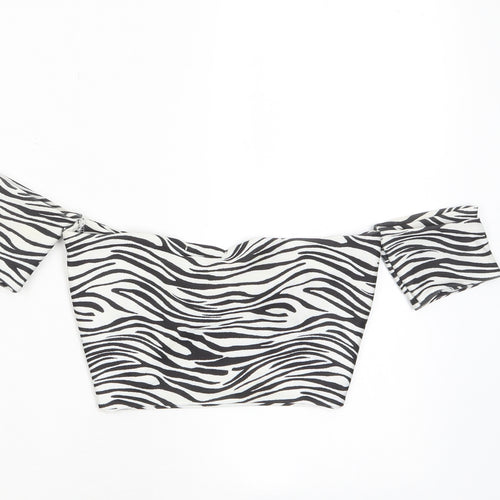 PRETTYLITTLETHING Womens White Animal Print Polyester Cropped T-Shirt Size 10 Off the Shoulder - Twist Front