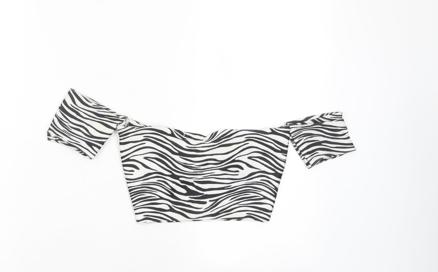 PRETTYLITTLETHING Womens White Animal Print Polyester Cropped T-Shirt Size 10 Off the Shoulder - Twist Front