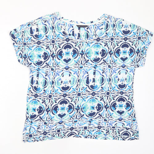 Marks and Spencer Womens Blue Geometric Cotton Basic T-Shirt Size 18 Boat Neck