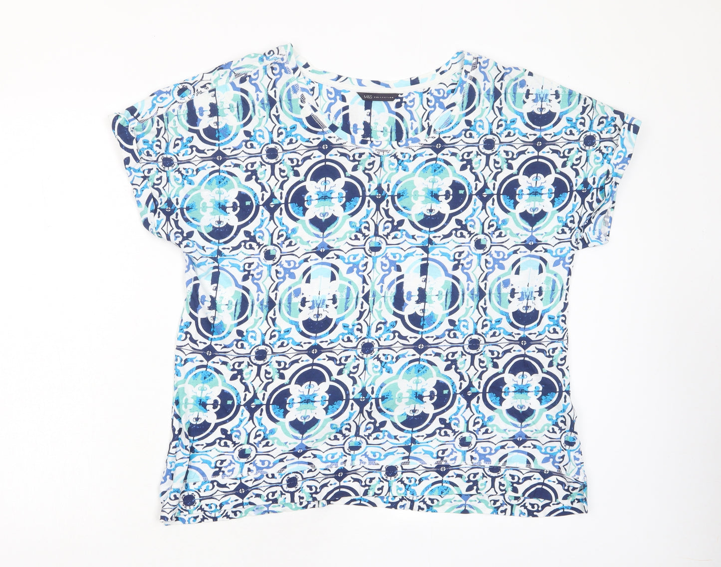 Marks and Spencer Womens Blue Geometric Cotton Basic T-Shirt Size 18 Boat Neck