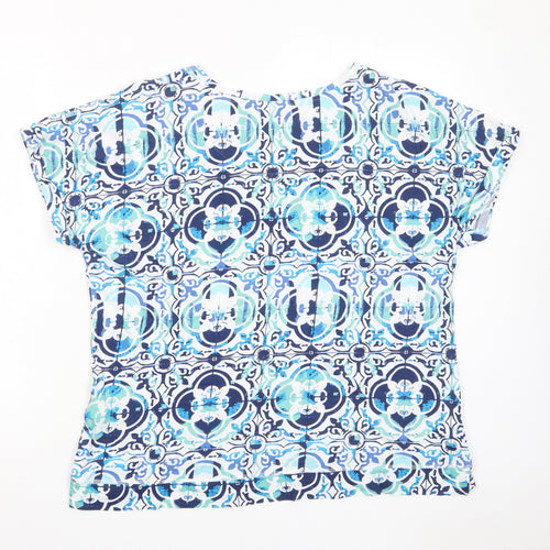 Marks and Spencer Womens Blue Geometric Cotton Basic T-Shirt Size 18 Boat Neck