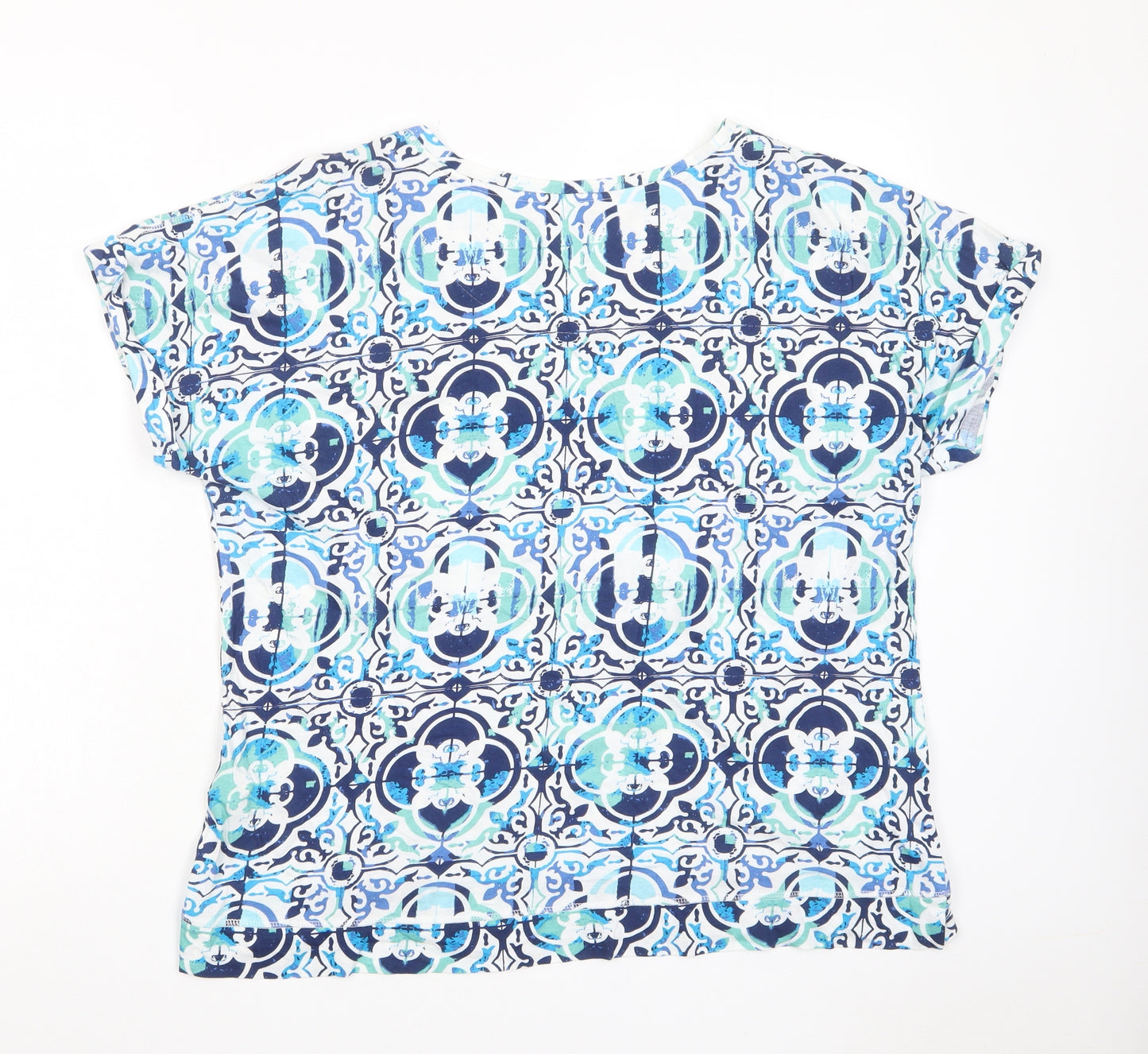 Marks and Spencer Womens Blue Geometric Cotton Basic T-Shirt Size 18 Boat Neck