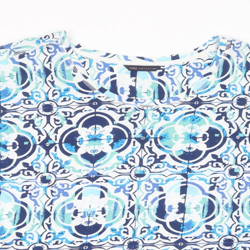 Marks and Spencer Womens Blue Geometric Cotton Basic T-Shirt Size 18 Boat Neck