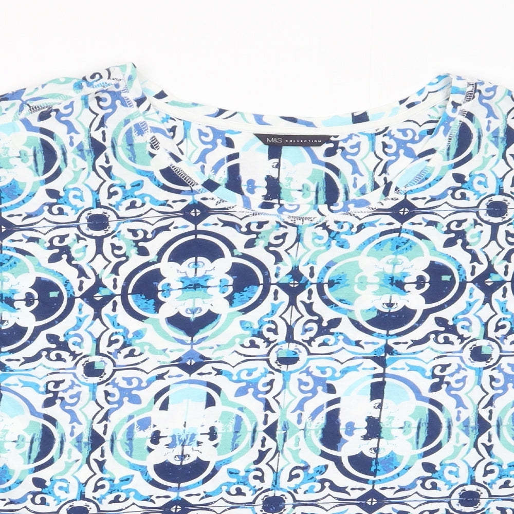 Marks and Spencer Womens Blue Geometric Cotton Basic T-Shirt Size 18 Boat Neck