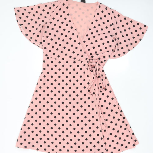 Jackie Womens Pink Polka Dot Polyester Wrap Dress Size 12 V-Neck Button - Belted