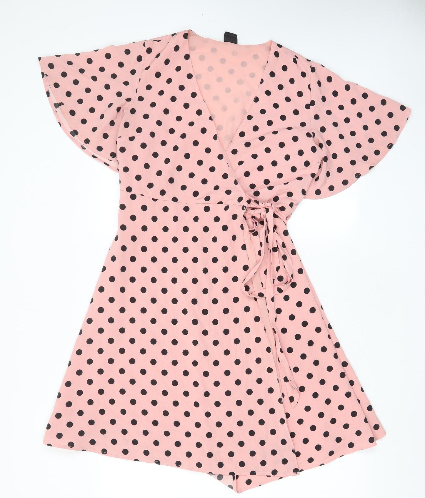 Jackie Womens Pink Polka Dot Polyester Wrap Dress Size 12 V-Neck Button - Belted