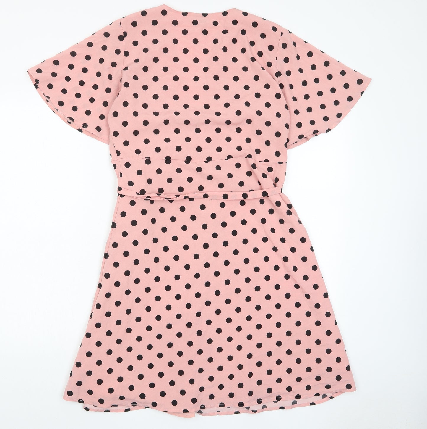 Jackie Womens Pink Polka Dot Polyester Wrap Dress Size 12 V-Neck Button - Belted