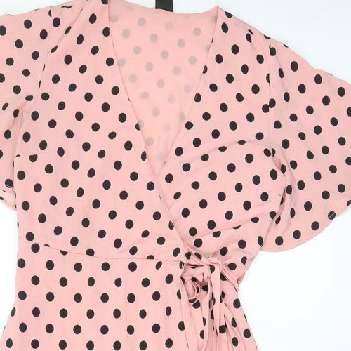 Jackie Womens Pink Polka Dot Polyester Wrap Dress Size 12 V-Neck Button - Belted