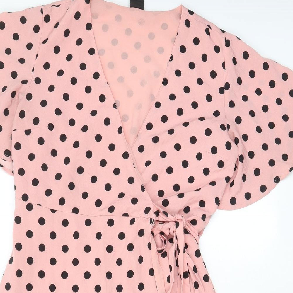 Jackie Womens Pink Polka Dot Polyester Wrap Dress Size 12 V-Neck Button - Belted