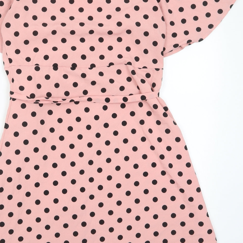 Jackie Womens Pink Polka Dot Polyester Wrap Dress Size 12 V-Neck Button - Belted