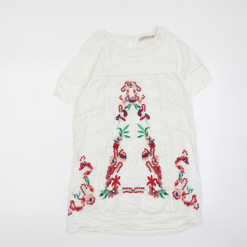 ANANY Womens White Floral Polyester A-Line Size S Crew Neck Button - Embroided