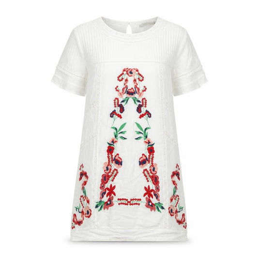 Front view of ANANY women’s white floral polyester a-line, size S, crew neck button - embroided
