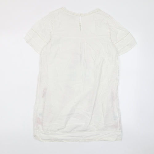 ANANY Womens White Floral Polyester A-Line Size S Crew Neck Button - Embroided