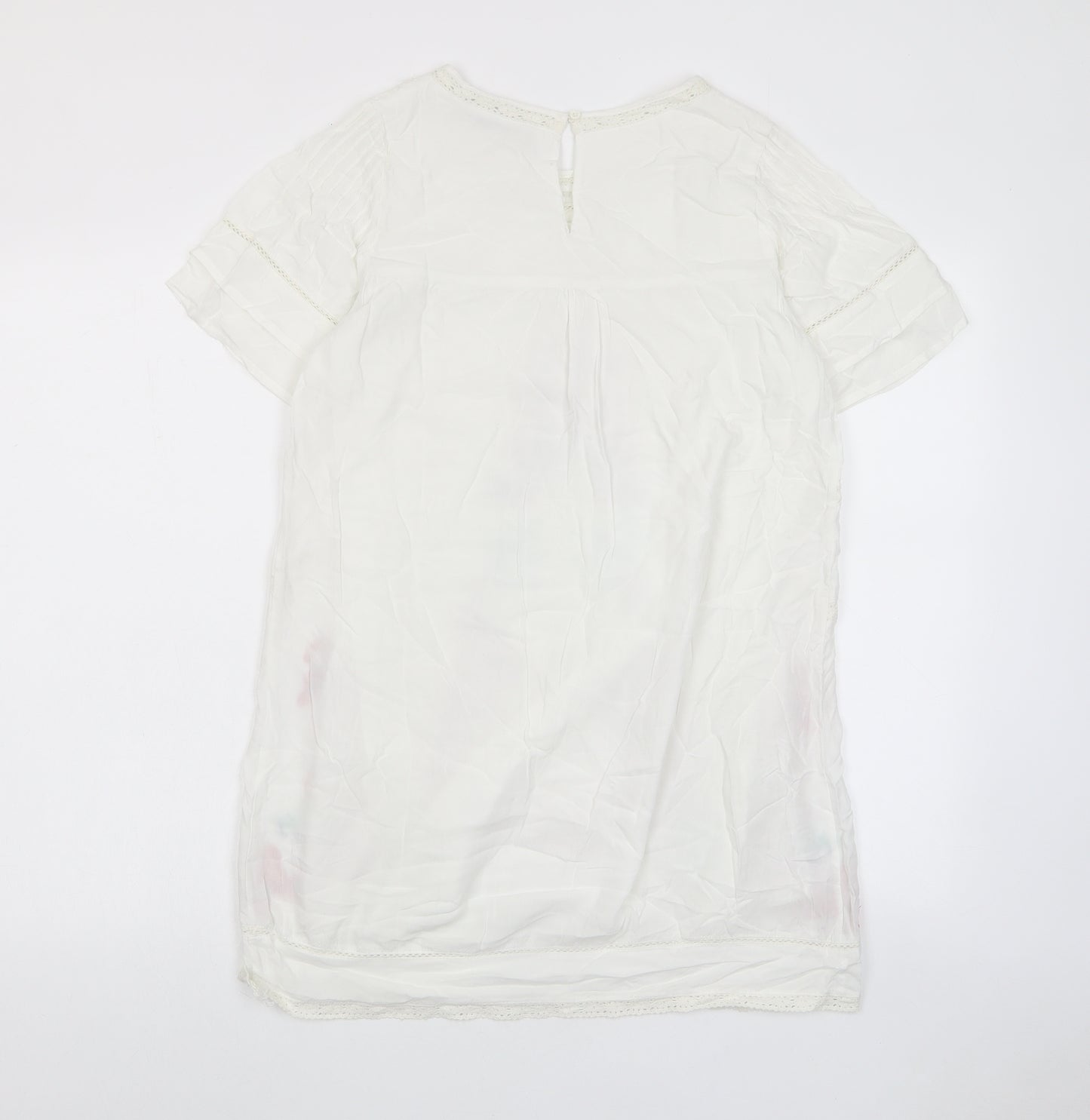 ANANY Womens White Floral Polyester A-Line Size S Crew Neck Button - Embroided