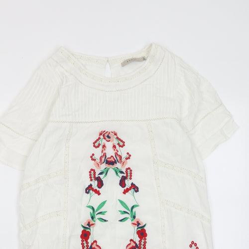 ANANY Womens White Floral Polyester A-Line Size S Crew Neck Button - Embroided