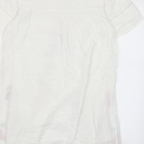 ANANY Womens White Floral Polyester A-Line Size S Crew Neck Button - Embroided