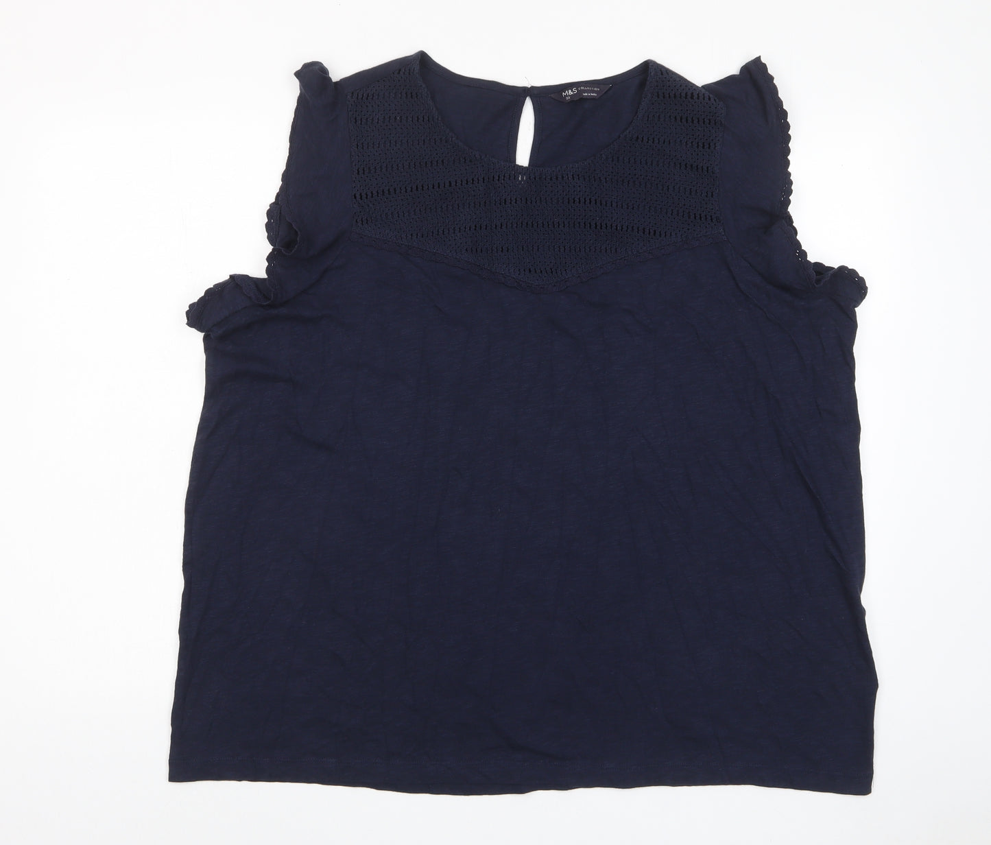 Marks and Spencer Womens Blue Cotton Basic T-Shirt Size 22 Crew Neck - Embroidered