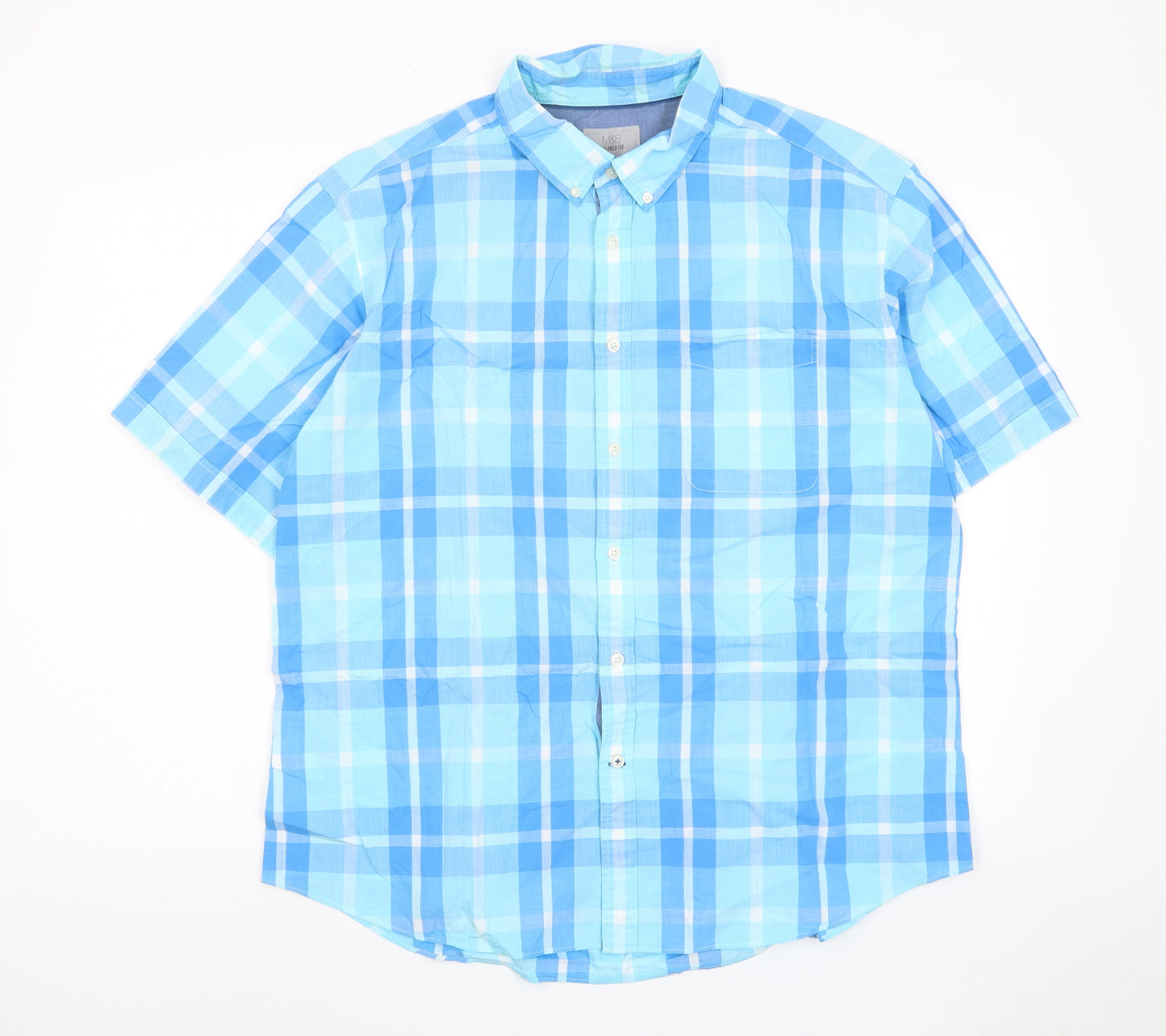 Marks and Spencer Mens Blue Plaid Cotton Button-Up Size 2XL Collared Button