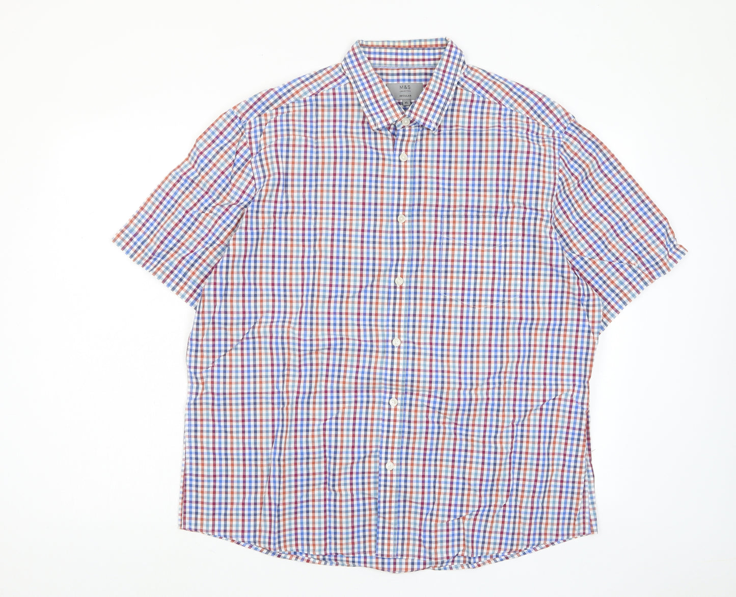 Marks and Spencer Mens Multicoloured Plaid Cotton Button-Up Size XL Collared Button