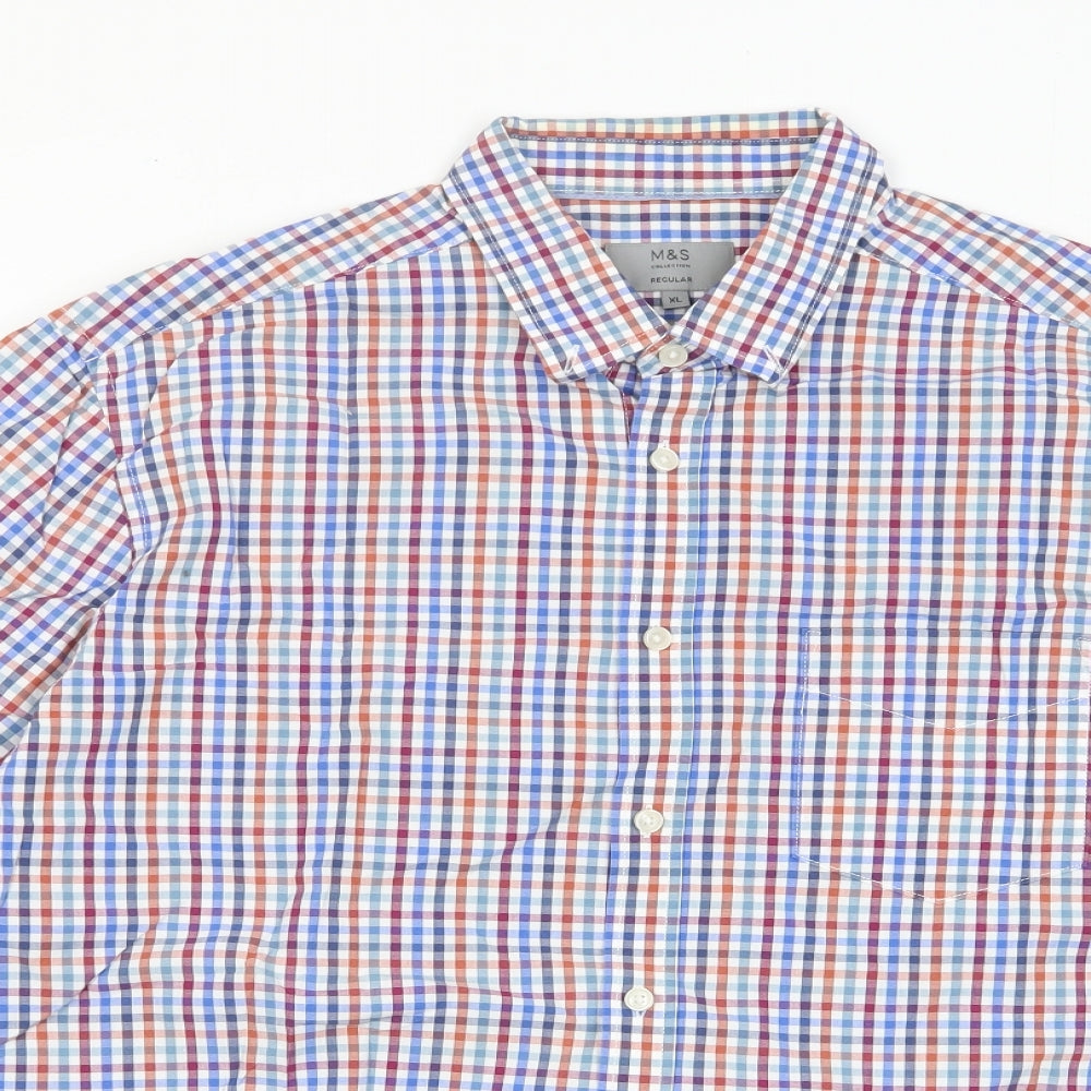 Marks and Spencer Mens Multicoloured Plaid Cotton Button-Up Size XL Collared Button