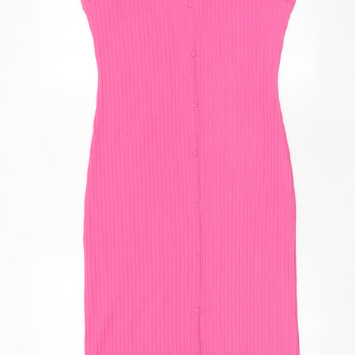 Zara Womens Pink Polyester A-Line Size L Scoop Neck Pullover - Frill, Buttons