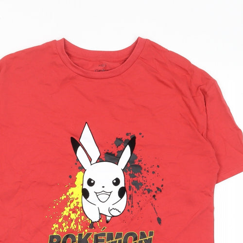 Marks and Spencer Boys Red Cotton Basic T-Shirt Size 13-14 Years Crew Neck Pullover - Pokemon