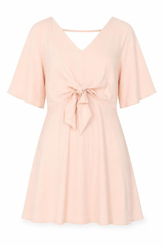 Front view of New Look women’s pink polyester a-line, size UK 14, v-neck tie