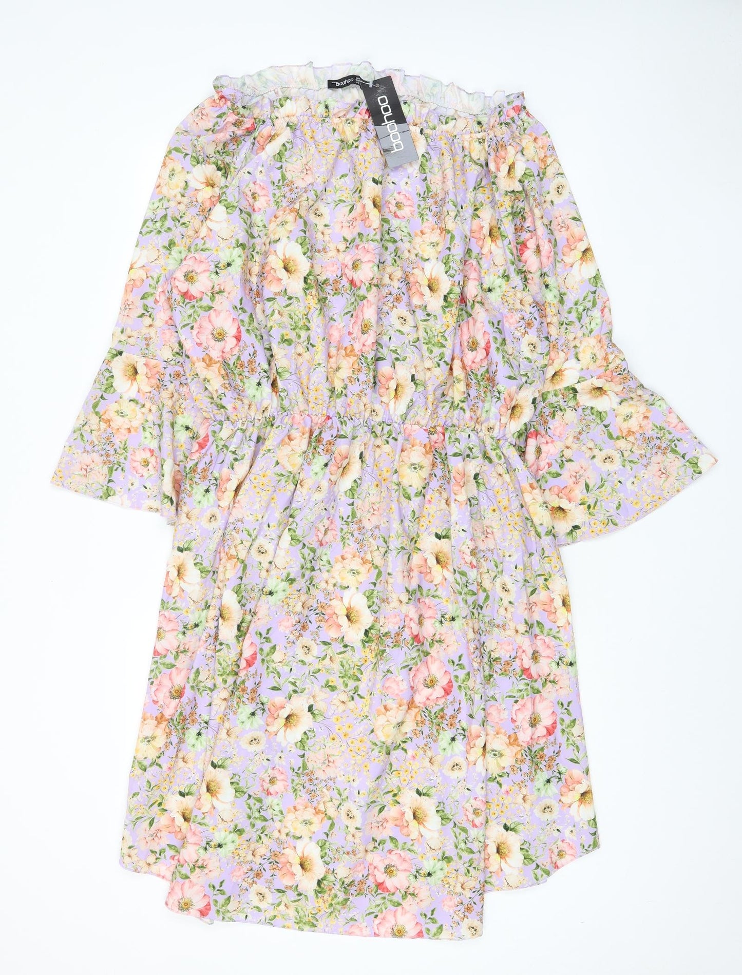 Boohoo Womens Purple Floral Polyester A-Line Size 28 Boat Neck Pullover
