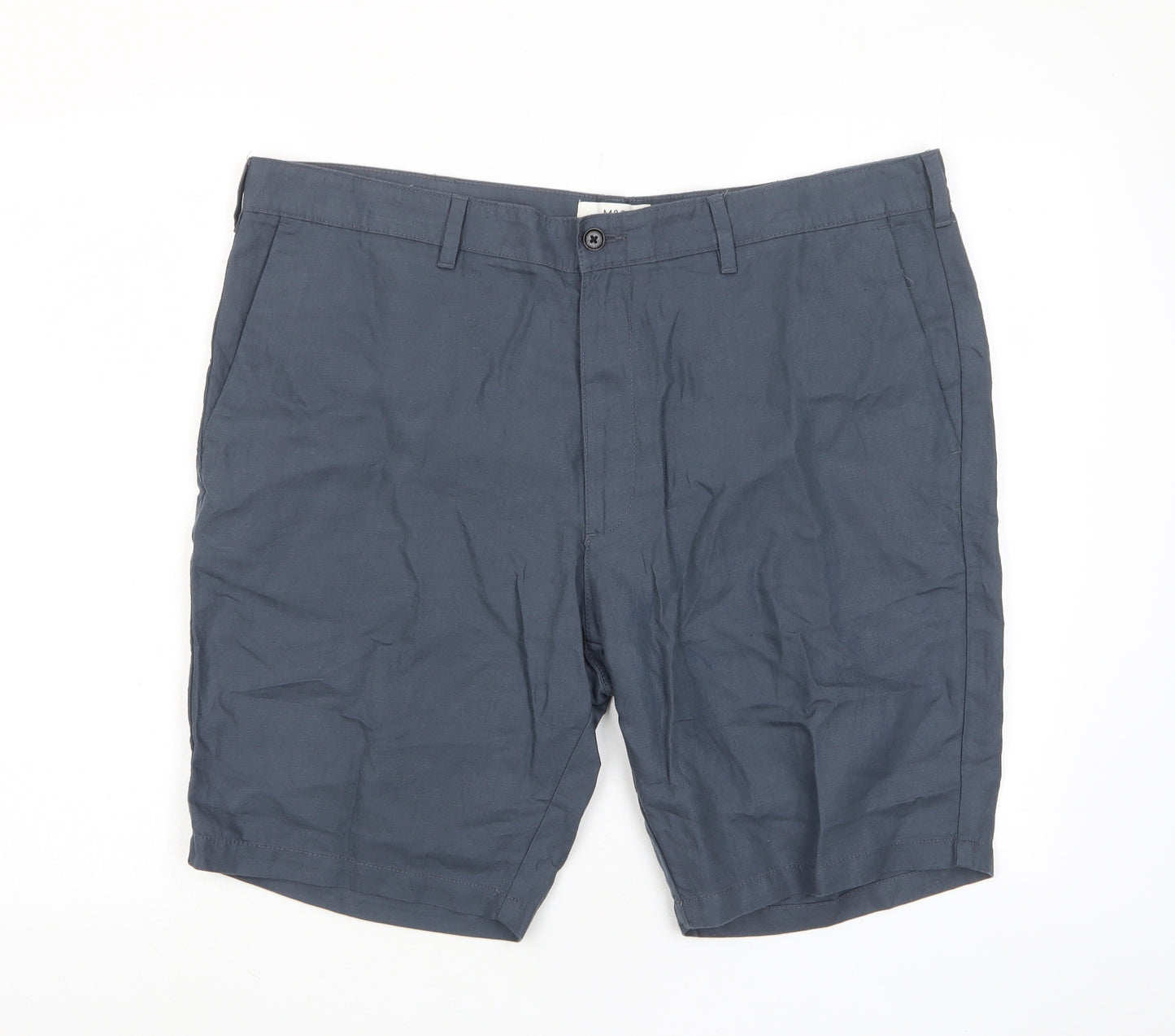 Marks and Spencer Mens Blue Linen Bermuda Shorts Size 40 in L10 in Regular Zip - Pockets