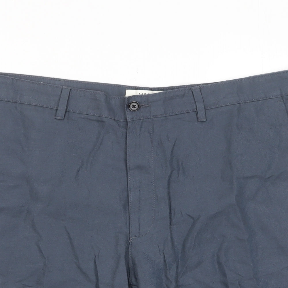 Marks and Spencer Mens Blue Linen Bermuda Shorts Size 40 in L10 in Regular Zip - Pockets
