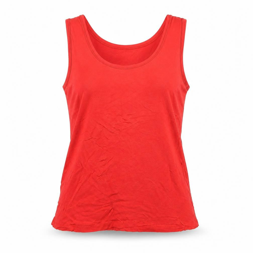 Front view of Oasis women’s red viscose basic t-shirt, size L, scoop neck