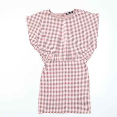 Zara Womens Pink Plaid Cotton A-Line Size S Crew Neck Button