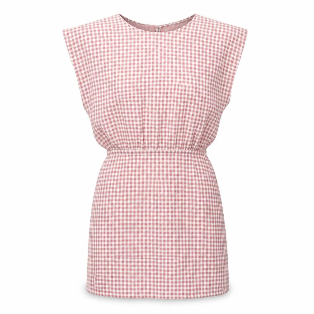 Front view of Zara women’s pink plaid cotton a-line, size S, crew neck button
