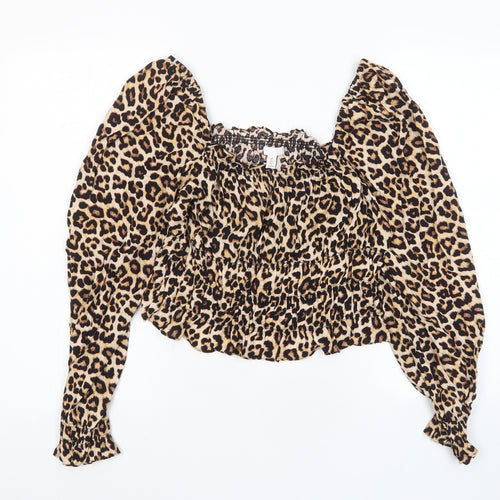 H&M Womens Brown Animal Print Viscose Basic Blouse Size L Square Neck