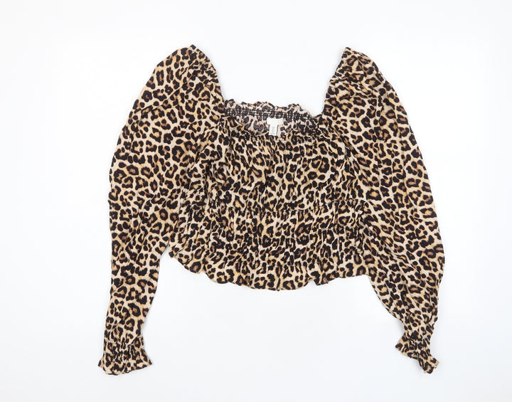 H&M Womens Brown Animal Print Viscose Basic Blouse Size L Square Neck