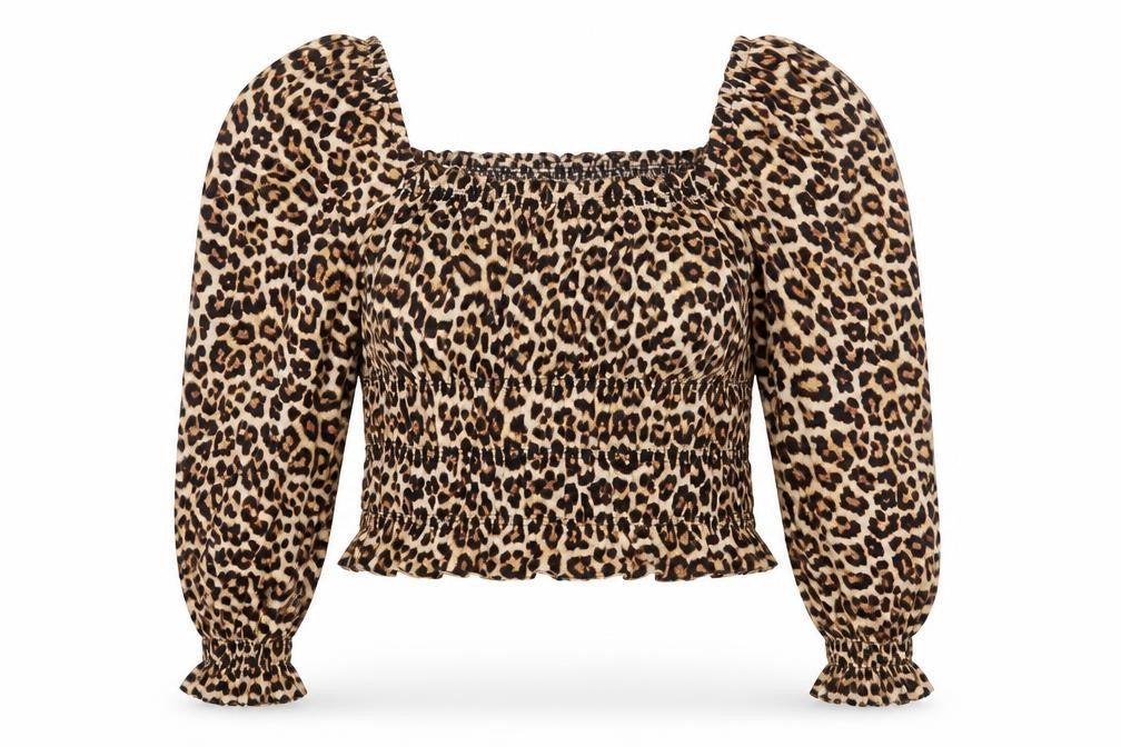 Front view of H&M women’s brown animal print viscose basic blouse, size L, square neck